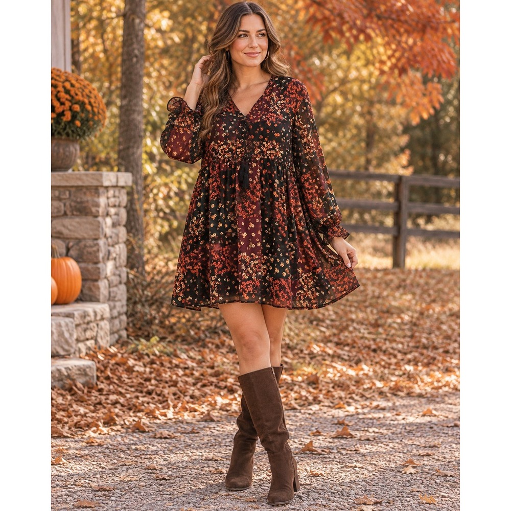 Pink Lily Size L Floral Chiffon Mini Dress Boho Fall Burgundy Patchwork
